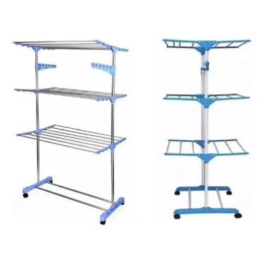 Imagem de Varal De Chão 3 Andares Dobravel Vertical Aço Inox Grande Azul - oivid