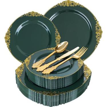 Imagem de Conjunto de pratos de plástico Joyido verde escuro com ouro para 25 co