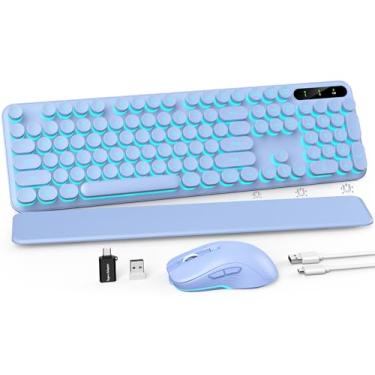 Imagem de Combo de teclado e mouse sem fio, teclas redondas retroiluminadas, teclado de máquina de escrever retrô com descanso de pulso destacável, recarregável e pernas inclinadas, conexão sem fio de 2,4 GHz