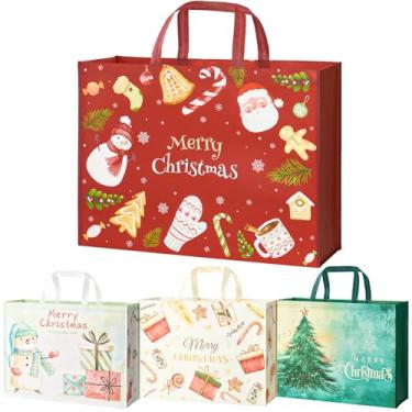 Imagem de STYPOP Pacote com 4 sacos de presente de Natal extra grandes de 61 cm, sacos de Natal reutilizáveis não tecidos com alças para lembrancinhas de festa/embrulho de presentes, 61 x 18,5 x 7,8