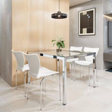 Imagem de Conjunto Mesa de Jantar Retangular 120cm X 75cm Tampo de Vidro Smart com 4 Cadeiras Mono Cromado/Branco
