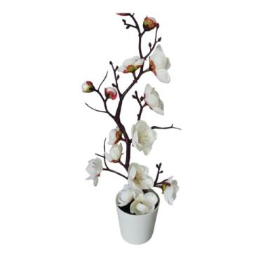 Imagem de BLWOTMOR Vaso de Flores Artificiais Simulado Flores de Ameixa Decoração Flores de Seda com Vaso Planta Artificial para Sala de Estar Cozinha Sala de Jantar Fes, Branco, Tamanho real