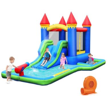 Imagem de Parque Aquático Inflável BOUNTECH 3 em 1: Piscina de Bolinhas, Escorregador e Pula-Pula, com Soprador 550w GFCI para Diversão no Quintal das