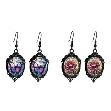 Imagem de Conjunto de 2 pares de brincos estilo gótico: morcego, rosa, borboleta, acessórios de bijuteria vintage, Medium, Leve, Sem pedra preciosa