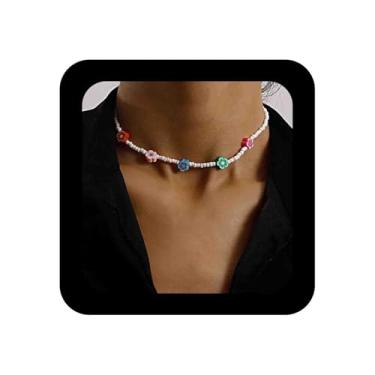 Imagem de Vacaonio Colar Cho ker com contas de flor boêmia colar colorido de contas de margarida branco colar de contas de praia havaiano feito à mão colar de contas de sementes de verão para mulheres, Zinco,