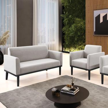 Imagem de Conjunto Poltrona E Namoradeira Decorativa Pés Fixo Em Madeira Preto Veludo Cinza