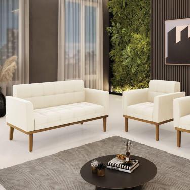 Imagem de Conjunto Poltrona E Namoradeira Decorativas Pés Fixo Em Madeira Castanho Veludo Bege