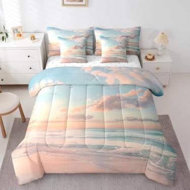 Imagem de jejeloiu Conjunto de edredom com tema de praia, tamanho king, 7 peças, verão, ondas, oceano, mar, mar, litoral, paisagem natural, para decoração de quarto