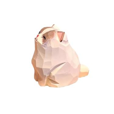 Imagem de Poranlem Estatueta de gato de madeira feita à mão com coleira de sino esculpida à mão, enfeite fofo exclusivo para amantes de animais, presente de arte folclórica, decoração de escultura de gatinho