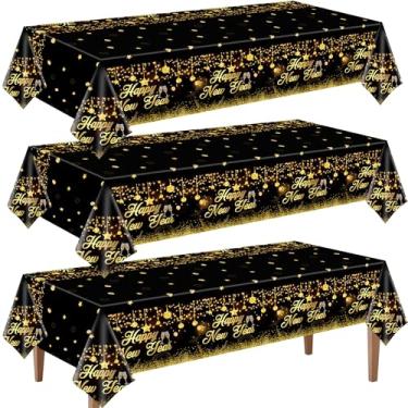 Imagem de CUUSNNY Pacote com 3 toalhas de mesa de véspera de ano novo descartáveis de plástico feliz ano novo dourado e preto toalha de mesa retangular à prova d'água para decoração de artigos de mesa de festa