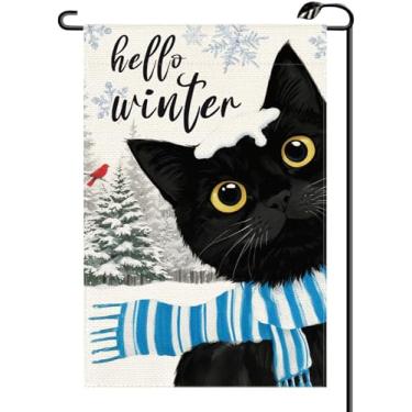 Imagem de Bandeira de jardim de inverno gato preto 30,5 x 45,7 cm vertical dupla face Natal engraçado pinheiros de neve bem-vindo pequenas bandeiras fazenda decoração externa para quintal (apenas bandeira) DJ45