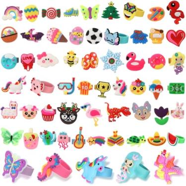 Imagem de Highergo 60 anéis de borracha de unicórnio de dinossauro para crianças, meninas, arco-íris, animais, unicórnio, cupcake, joias para meninas, presentes de Natal, zoológico, futebol, festa de
