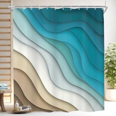 Imagem de KOMLLEX Cortina de chuveiro azul-petróleo para decoração de banheiro 182 cm L x 192 cm A extralonga abstrato oceano praia ondas ombré marrom aqua contemporâneo moderno tecido estético poliéster