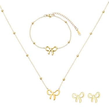 Imagem de Yolev Conjunto de colar de laço, brincos, pulseiras, conjunto de joias com laço para mulheres, pingente de fita de laço, colar gargantilha para mulheres, elegante, casamento, formatura, Natal