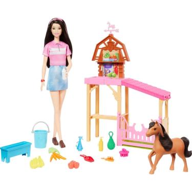 Imagem de Conjunto de brinquedos Barbie Toy Stable com boneca moderna e pequeno pônei de brinquedo