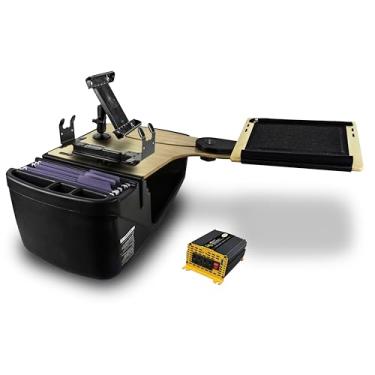 Imagem de AutoExec AE-RDBSLH-PI-PS-TAB-11M Reach Car Desk para sua estação de trabalho de veículo e escritório móvel, banco traseiro lado esquerdo, natural com inversor de potência de 400 watts, suporte de