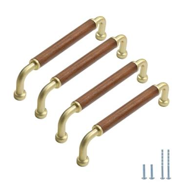 Imagem de Evionlin Cilindro de latão escovado 8 peças puxador de armário de nogueira de 14 cm retrô puxadores de porta de madeira maciça, usado para gavetas de armário de cozinha