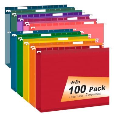 Imagem de ViVin Pacote com 100 pastas de arquivo suspensas tamanho carta com 100 por caixa, abas ajustáveis de corte 1/5, pastas suspensas projetadas para arquivos volumosos de escritório, armários de arquivo
