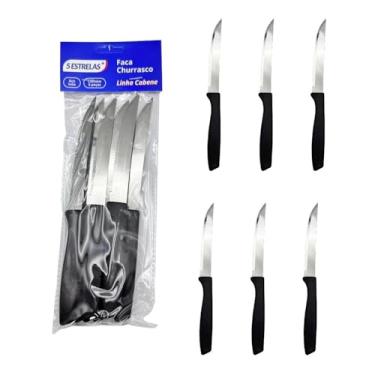 Imagem de Kit 6 Facas de Mesa/Churrasco com Serra | Lâmina Aço Inox Serrilhada para Cortes de Carne | Cabo Plástico Preto Ergonômico e Resistente