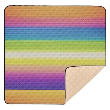 Imagem de Qilmy Tapete de brincar de bebê com listras coloridas 127 x 127 cm, macio à prova d'água para bebês e crianças, tapete antiderrapante lavável para cercadinho