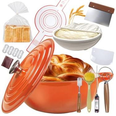 Imagem de Forno holandês de ferro fundido esmaltado de 5 litros para pão e vários cozimentos – Kit inicial completo de fermento com tampa, termômetro de sonda, cesta de prova, alça de silicone e sacos de