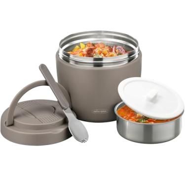 Imagem de wiwens Pote térmico para alimentos quentes adultos 946 ml recipiente térmico de almoço boca larga isolado a vácuo aço inoxidável à prova de vazamento caixa bento com colher (cáqui)
