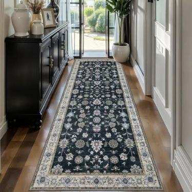 Imagem de Tangsoo Tapete de corredor lavável de 6 x 25 cm para corredores, tapete floral vintage antiderrapante, tapete longo macio e baixo, tapete preto para cozinha, quarto, entrada, sala de estar