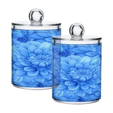 Imagem de JUZIHAI Recipiente de plástico transparente para boticário de crisântemos azuis com tampa, organizador de banheiro, recipientes de armazenamento de maquiagem para bola de algodão, cotonete, fio dental