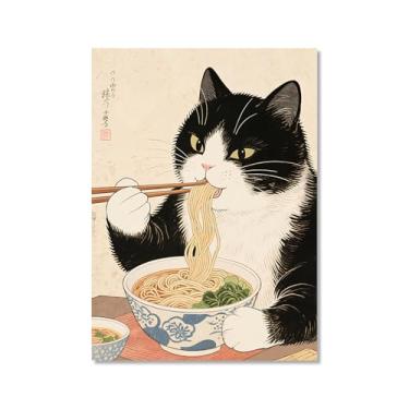 Imagem de Arte de parede em tela de gato preto engraçado vintage japonês gato comendo ramen imagem única amante de gatos para decoração de parede de cozinha e sala de jantar (SKU2,50.8x76.2 cm = (50 x 75 cm