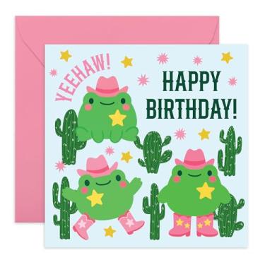 Imagem de CENTRAL 23 Cartão de aniversário Cute Frog Cowgirl – YEEHAW – Saudações divertidas para ela, irmã, tia, mãe, colega, colega de trabalho, mulheres vizinhas – Botas estilo country chapéus e cactos – Vem