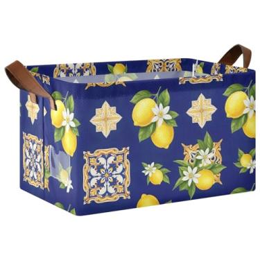 Imagem de Cestos organizadores dobráveis para armazenamento de quarto, cesta de armazenamento de cobertor para organização e armazenamento de quarto, 17 x 29 x 25 cm, limões amarelos, azul escuro, pacote com 2
