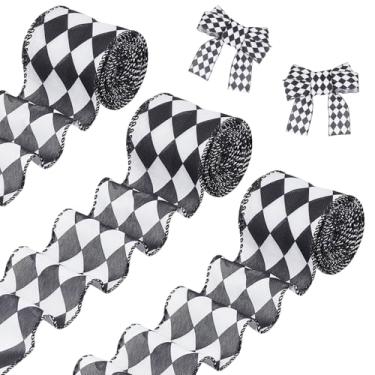 Imagem de letsinstyle Fita de borda quadriculada preta e branca de 15 metros, fitas xadrez de búfalo arlequim de 6 cm, acabamentos de padrão de diamante de poliéster para artesanato de buquê de guirlanda de