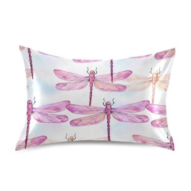 Imagem de Fronhas de cetim floral refrescante arte fofa padrão Queen King fronhas de travesseiro conforto Queen Size 76.2 cm x 50.8 cm Dragonfly aquarelas rosa