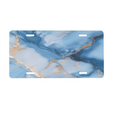 Imagem de Placa de licença de mármore azul arte para frente do carro placas de carro alumínio metal adequado para caminhão placa de porta de carro bar café acessórios automotivos para homens mulheres 15 x 30 cm