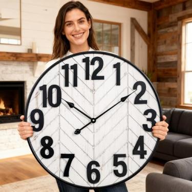 Imagem de JUMBO HUMBLE Relógio de parede grande de 76 cm, relógio de parede grande de fazenda de madeira com moldura de metal, operado por bateria, relógios de parede silenciosos sem tique-taque para sala de