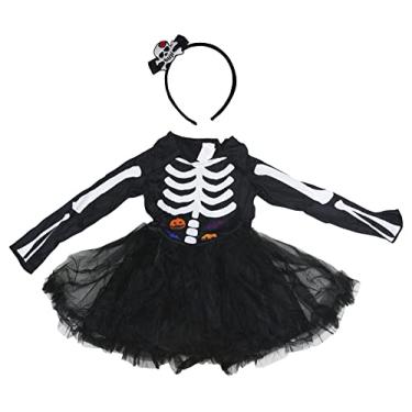 Imagem de Petitebella Conjunto de fantasia de caveira de esqueleto preto para meninas roupas 3-9 anos (GG)