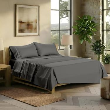 Imagem de TEXAS LINEN CO. Conjunto de lençóis Queen 100% algodão egípcio – Lençóis de luxo de algodão egípcio série 2000 Queen Size (4 peças, cinza escuro), macio e sedoso, resfriamento, tecido de cetim 43 cm