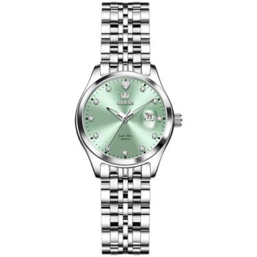 Imagem de OLEVS Relógios femininos de aço inoxidável, relógio feminino prateado de luxo com data, analógico à prova d'água, quartzo delicado, mostrador branco/rosa/azul/roxo, Face verde/pulseira prateada