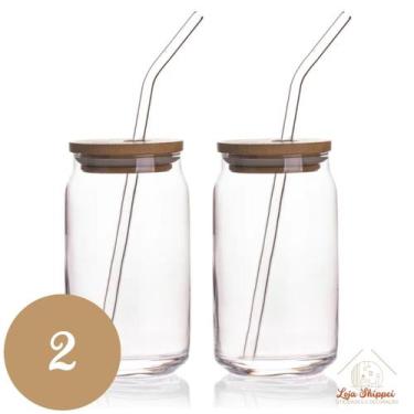 Imagem de Copo de Vidro 500ml com Tampa Bambu e Canudo Reutilizável para Bebidas
