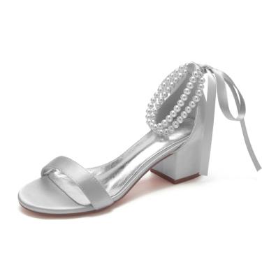 Imagem de Sapatos femininos de casamento pérola para noiva - salto baixo cetim para festa de formatura 702-27, Prata, 38