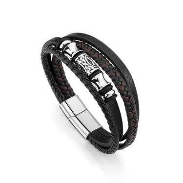 Imagem de Zysta Pulseira masculina preta de couro legítimo, aço inoxidável, estilo nórdico, contas de nó celta, pulseira viking, amuleto nórdico, talismã escandinavo para homens
