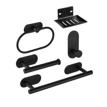 Imagem de Kit Acessórios para Banheiro em Aço Inox Preto com Fixação Adesivo 3M - Conjunto Kit Banheiro Preto com 5 Peças: Toalheiro, Suporte Papel Higiênico Adesivo, Suporte Toalha Sem Furo
