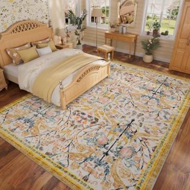 Imagem de AMTOVO Tapetes laváveis para sala de estar, antiderrapante, grande, macio, floral, vintage, estampa para quarto, dormitório, berçário, sala de jantar, casa de fazenda, escritório, amarelo dourado