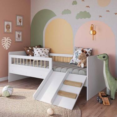Imagem de Cama Montessoriana de Solteiro com Escada e Escorregador 1,93 M para Quarto Infantil Branco