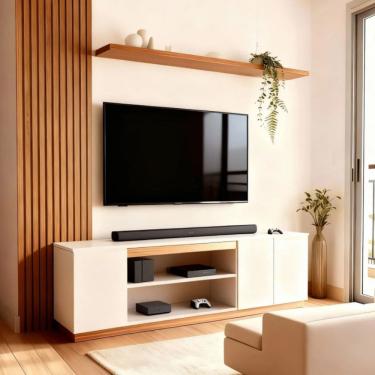 Imagem de Rack para Tv até 65 Poelgadas Design Moderno Sala Branco/Amadeirado