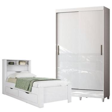 Imagem de Cama Solteiro com Gavetas Invicta com Guarda Roupa Fit 2 Portas Branco