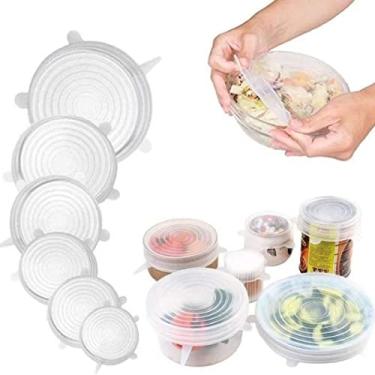 Imagem de Tampas elásticas de silicone reutilizáveis para tigela, copo, panela, prato, tampas de silicone flexíveis, envoltório de alimentos aplicam-se a todos os tipos de recipientes de armazenamento de alimentos (6 Peças, Transparente)