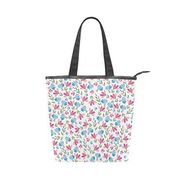 Imagem de Bolsa feminina de lona durável rosa e azul pequenas flores grande capacidade sacola de compras bolsa de ombro