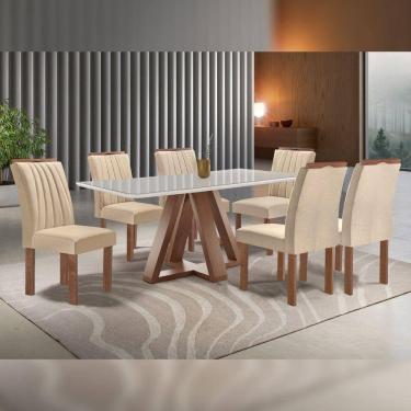 Imagem de Conjunto Mesa Tampo Smart Plus Vidro Kyra 170cmx90cm 6 cadeiras Arizona Chocolate/Off White/Suede Cru