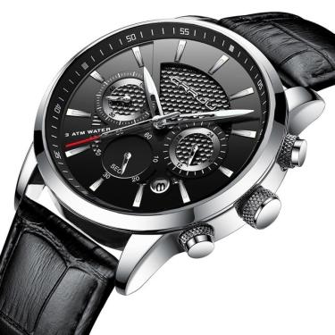 Imagem de Relógios Mens Casual Leather Quartz Men's Watch Top Marca Luxury Business Clock Masculino Esporte Cronógrafo de Data à Prova d'Água Relógios de quartzo(BLACK1)